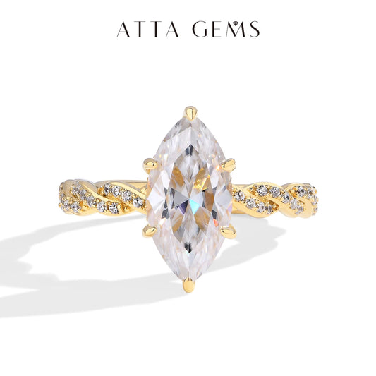 ATTAGEMS S925 Sterling Silver Twist Ring, Gold Plated, With 14*7mm, 3.0CT, Marquise Cut Moissanite Diamond