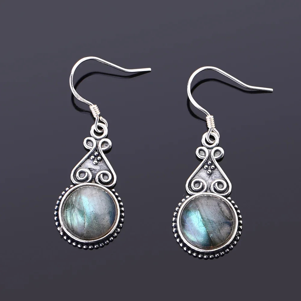 S925 Silver Drop Earring 10MM Labradorite Multicolor Pendant Earrings Engagement Wedding Women Fine Jewelry