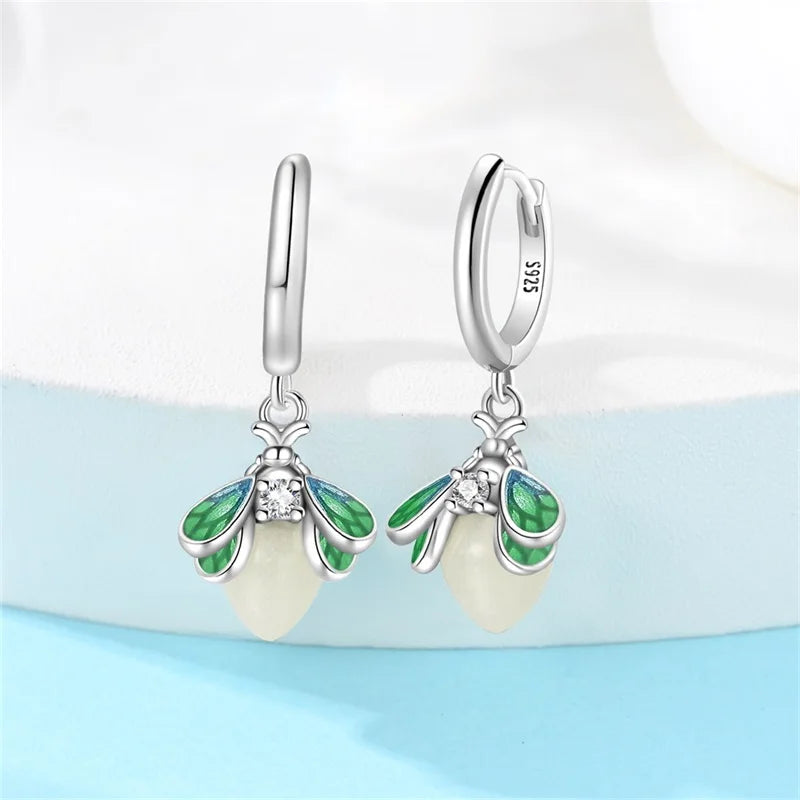 New 925 sterling silver glowing green firefly earrings