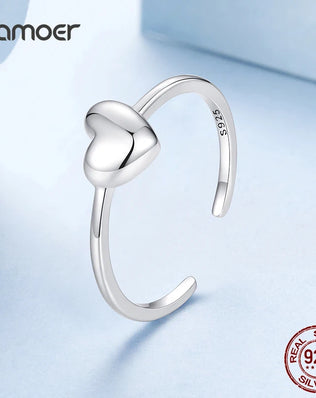 BAMOER Solid 925 Sterling Silver Heart Ring, Resizable, Minimalist, Stacking Ring