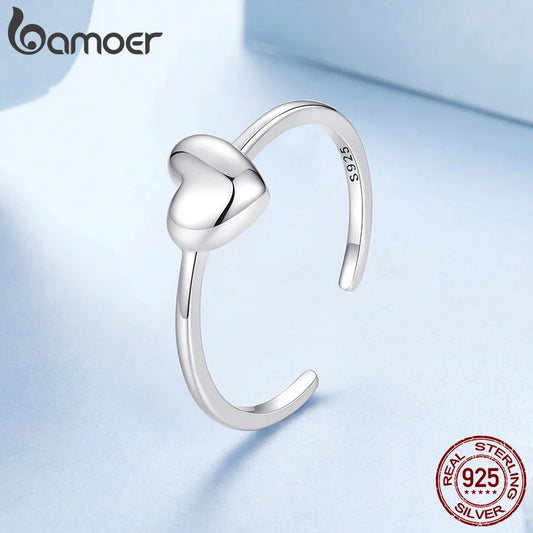 BAMOER Solid 925 Sterling Silver Heart Ring, Resizable, Minimalist, Stacking Ring