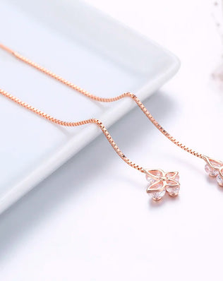 Cute 925 Sterling Silver Rose Gold Color CZ Butterfly Theader Through Chain Tassels Drop Dangle Earrings For Women Girls Jewelry