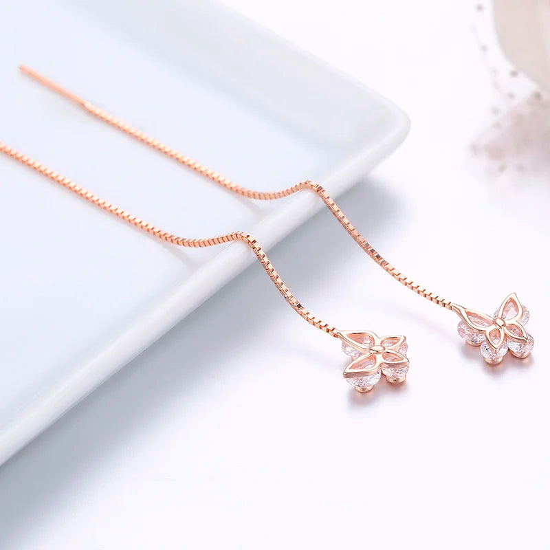 Cute 925 Sterling Silver Rose Gold Color CZ Butterfly Theader Through Chain Tassels Drop Dangle Earrings For Women Girls Jewelry