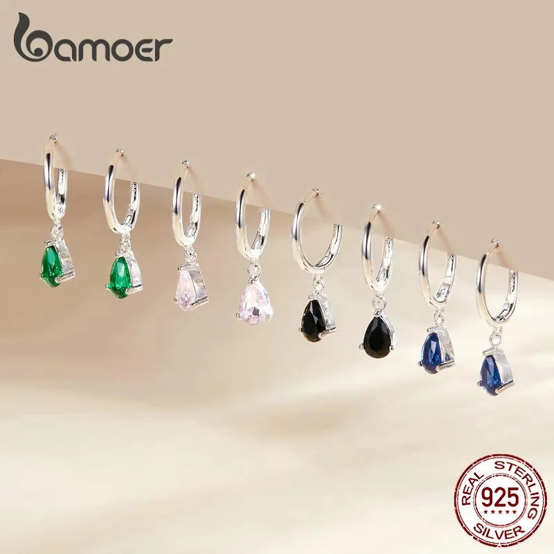 BAMOER Silver ISHWAR Green Water Drop Earrings 925 Sterling Silver 4 Colors Drop Shape Earring for Women Statement  Jewelry