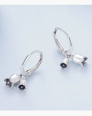 925 Sterling Silver Lily of the Valley Flower Hoop Drop Earrings