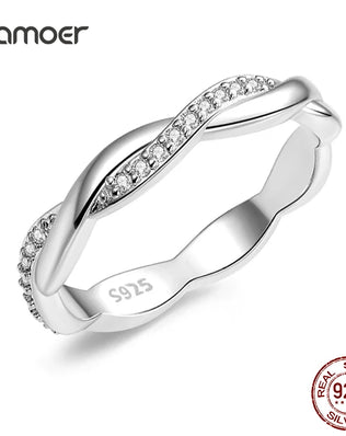 BAMOER 925 Sterling Silver Twisted Half Eternity Ring, Set with Tiny Zircons