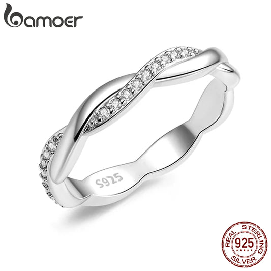 BAMOER 925 Sterling Silver Twisted Half Eternity Ring, Set with Tiny Zircons