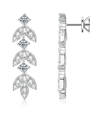 Quality Moissanite and CZ Drop Earrings, Leaf-Shape, 925 Sterling Silver with Gold Plated Option