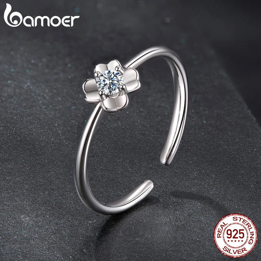 BAMOER 925 Sterling Silver Four-leaf Clover Moissanite Open Ring, D Colour Lab Diamond