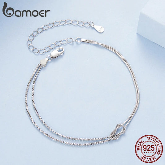 BAMOER 2 Sterling Silver Chains, Caught Together in a Lover's Knot