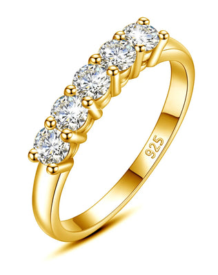 925 Sterling Silver, Gold Plated Ring, Adorned with 5 x 0.2ct Moissanite Diamonds