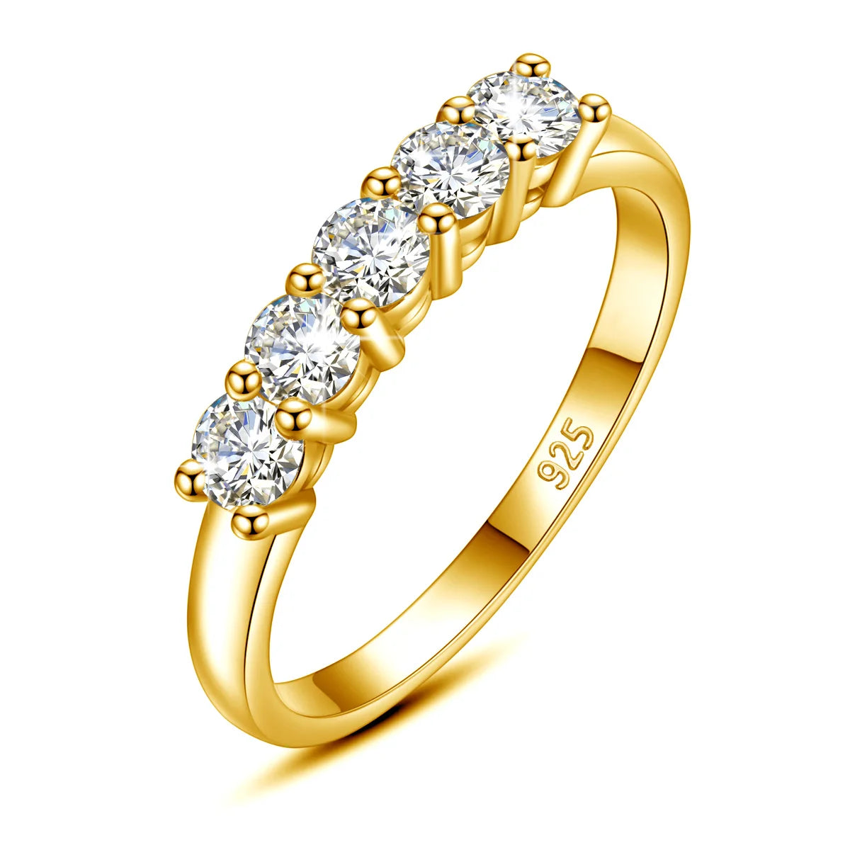 925 Sterling Silver, Gold Plated Ring, Adorned with 5 x 0.2ct Moissanite Diamonds