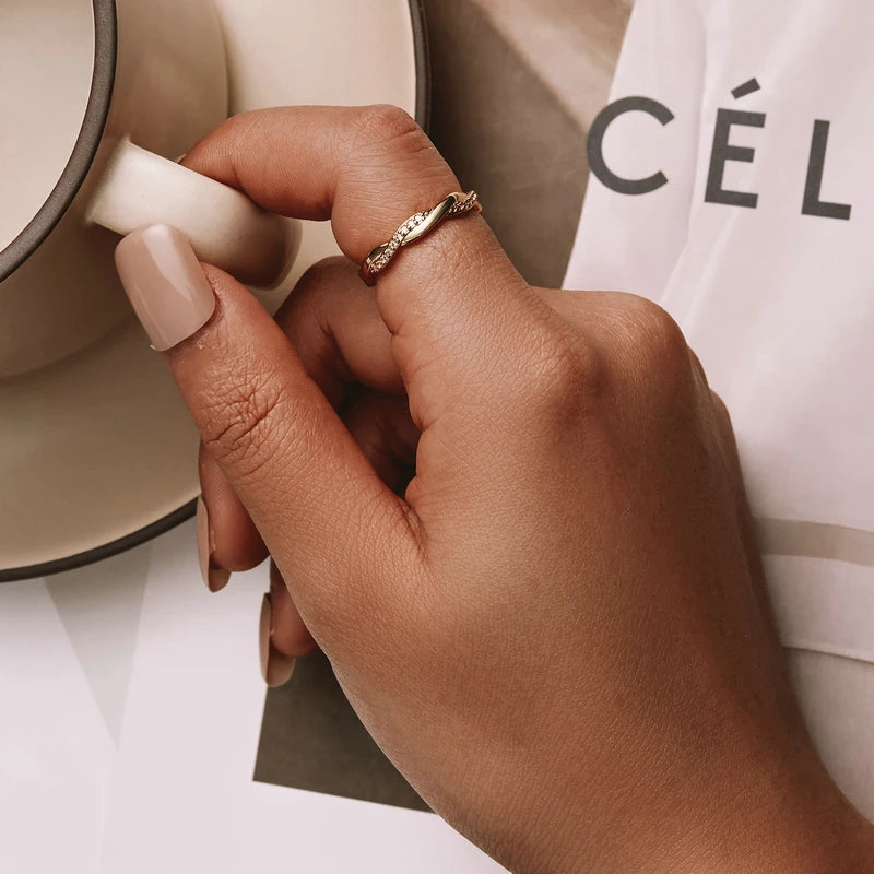 BAMOER 925 Sterling Silver Twisted Half Eternity Ring, Set with Tiny Zircons