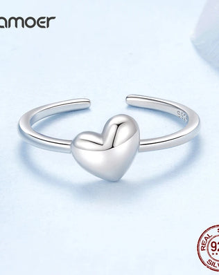 BAMOER Solid 925 Sterling Silver Heart Ring, Resizable, Minimalist, Stacking Ring