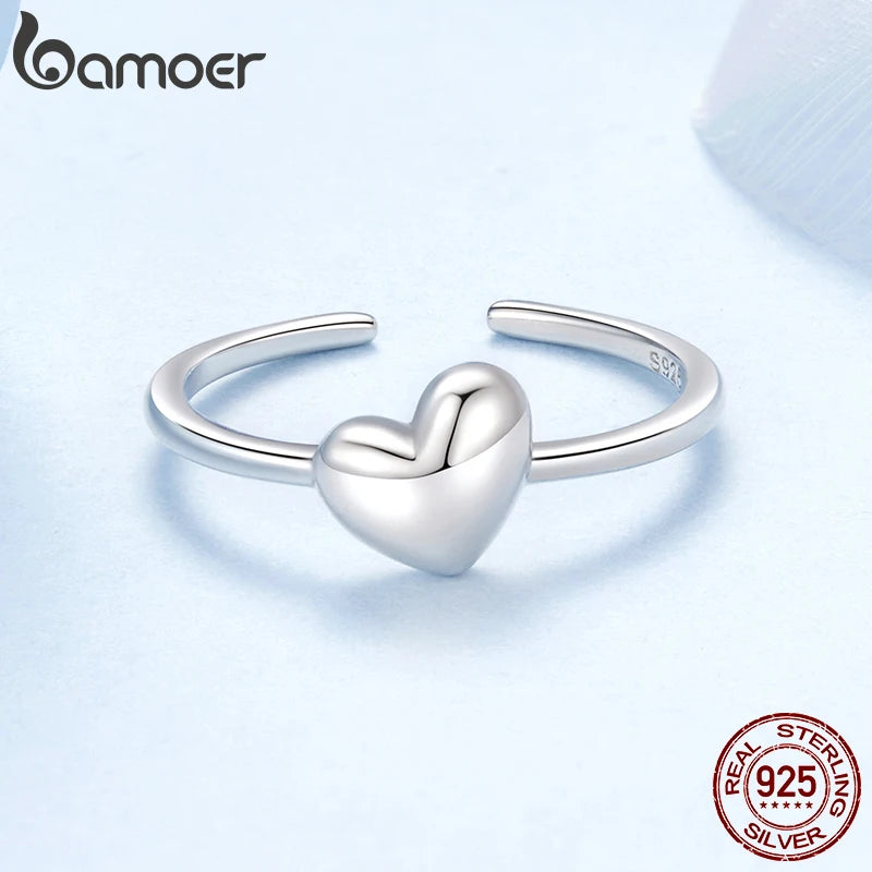 BAMOER Solid 925 Sterling Silver Heart Ring, Resizable, Minimalist, Stacking Ring