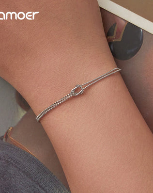 BAMOER 2 Sterling Silver Chains, Caught Together in a Lover's Knot