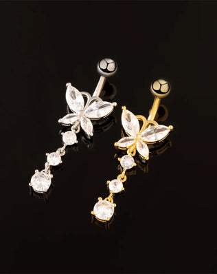 G23 Titanium Barbell Navel Piercing with Cute Crystal CZ Butterfly and Droplets