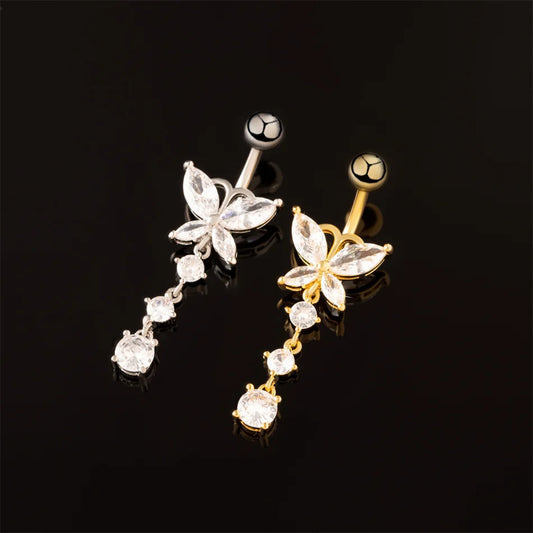 G23 Titanium Barbell Navel Piercing with Cute Crystal CZ Butterfly and Droplets
