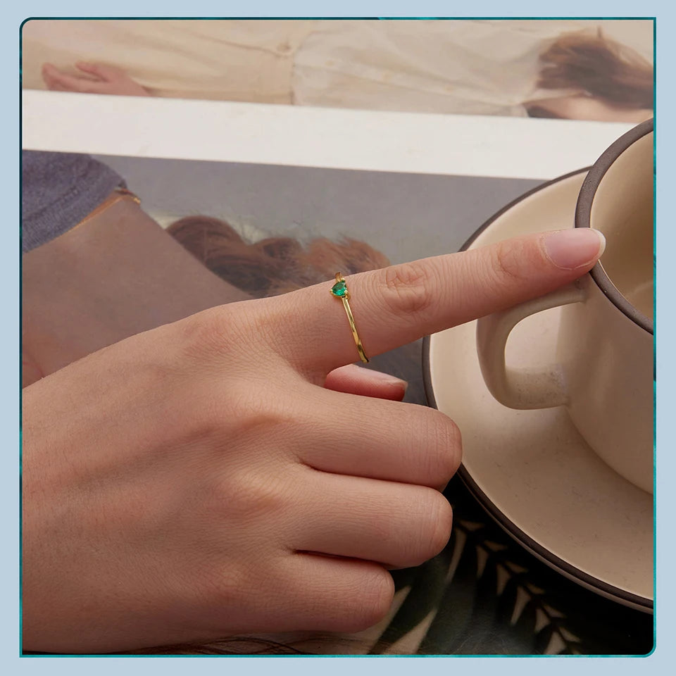 BAMOER Solid 925 Sterling Silver Mini Heart Ring, Gold Plated, With Pavé CZ, 2 Styles