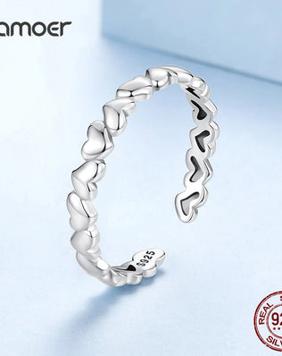 BAMOER 925 Sterling Silver Heart Ring, Adjustable, Stackable, Minimalist Fine Jewellery