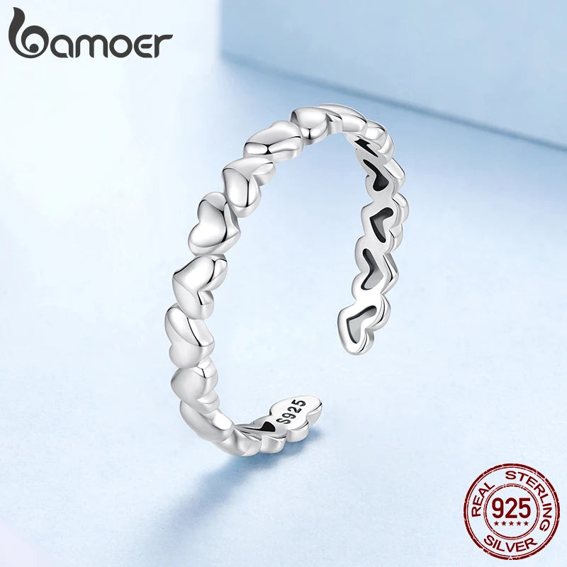 BAMOER 925 Sterling Silver Heart Ring, Adjustable, Stackable, Minimalist Fine Jewellery