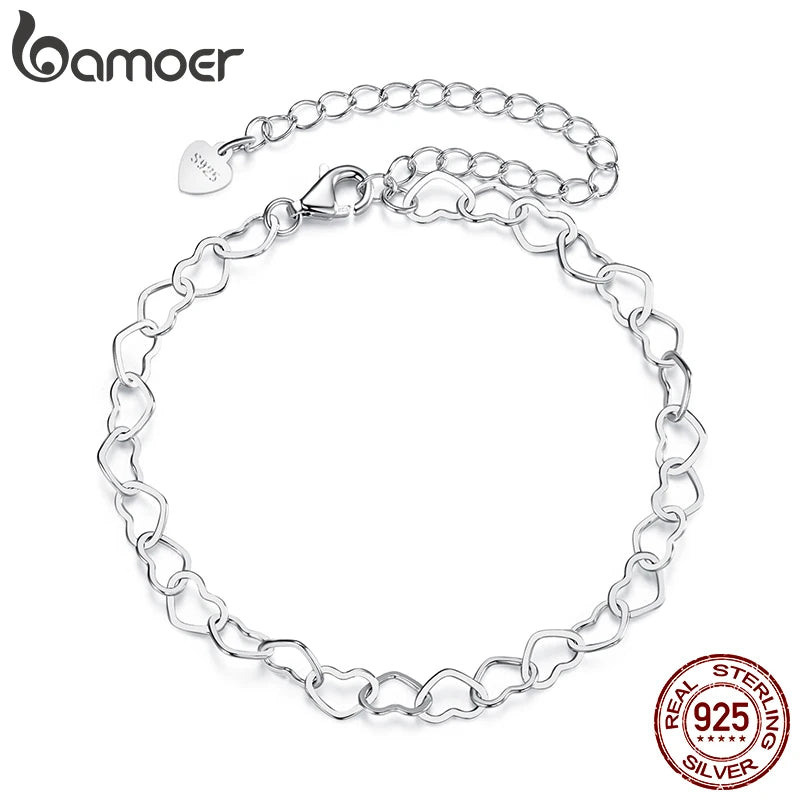 BAMOER 925 Sterling Silver Pretty Heart Link Bracelet