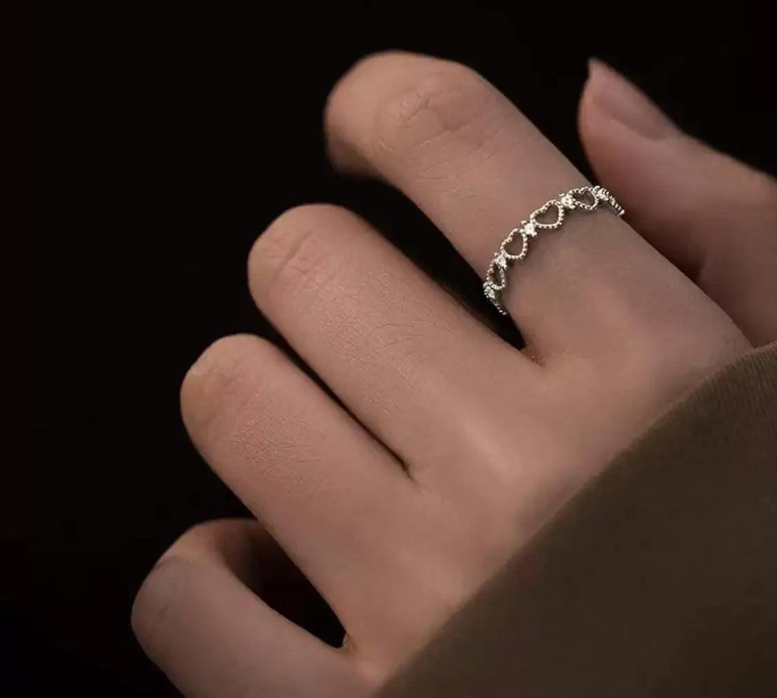 925 Sterling Silver Ring, Band with Sweet Cut-Out Hearts, Stackable and Adjustable