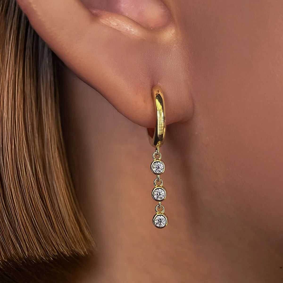Elegant, Round Cut Moissanite Drop Earrings. 925 Sterling Silver, Plated with 18k Yellow or White Gold