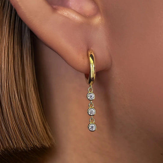 Elegant, Round Cut Moissanite Drop Earrings. 925 Sterling Silver, Plated with 18k Yellow or White Gold