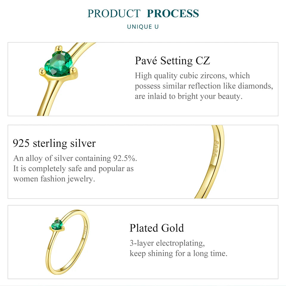 BAMOER Solid 925 Sterling Silver Mini Heart Ring, Gold Plated, With Pavé CZ, 2 Styles