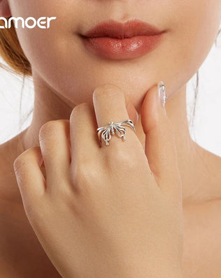 BAMOER Solid 925 Sterling Silver Adjustable Ring, Beautiful Butterfly Open Ring