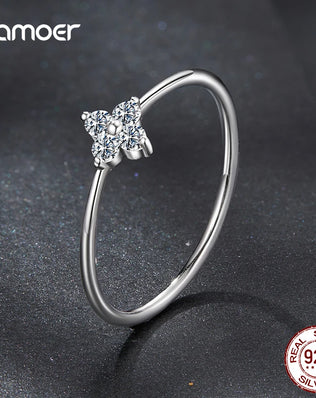 Bamoer 925 Sterling Silver Ring, Platinum Plated, With 4-Leaf Clover In Moissanite Lab Diamonds