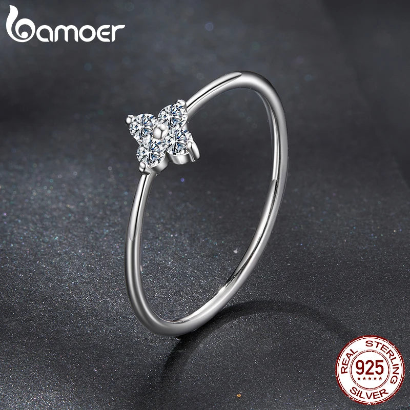 Bamoer 925 Sterling Silver Ring, Platinum Plated, With 4-Leaf Clover In Moissanite Lab Diamonds