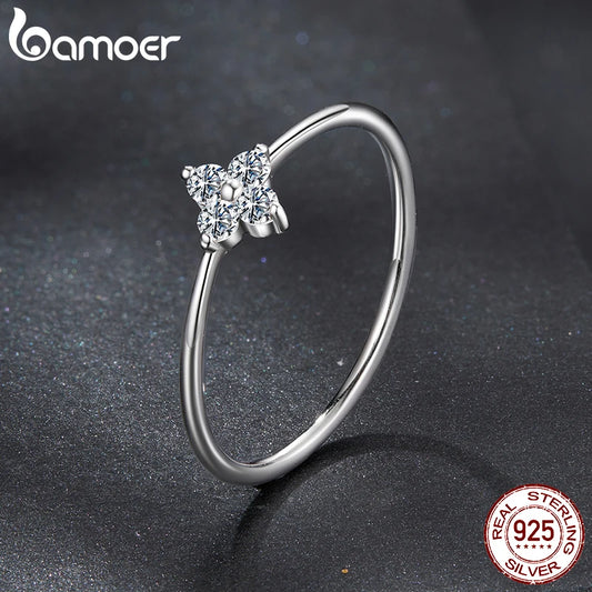Bamoer 925 Sterling Silver Ring, Platinum Plated, With 4-Leaf Clover In Moissanite Lab Diamonds