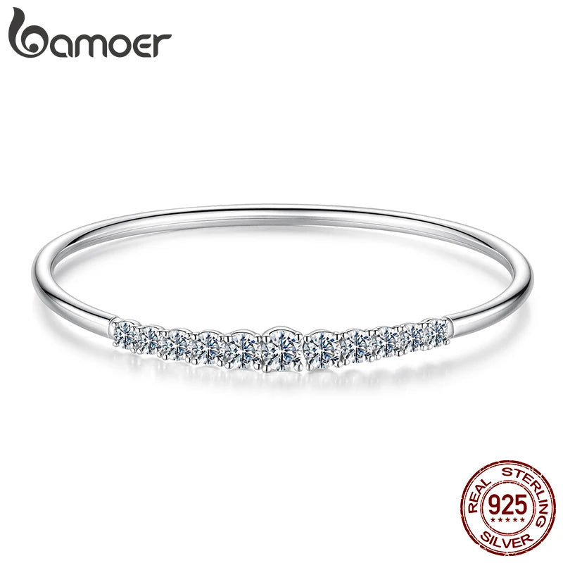 BAMOER 925 Sterling Silver Cuff Bangle, Plated with White Gold and Set with 3.6CTTW Moissanite Diamonds