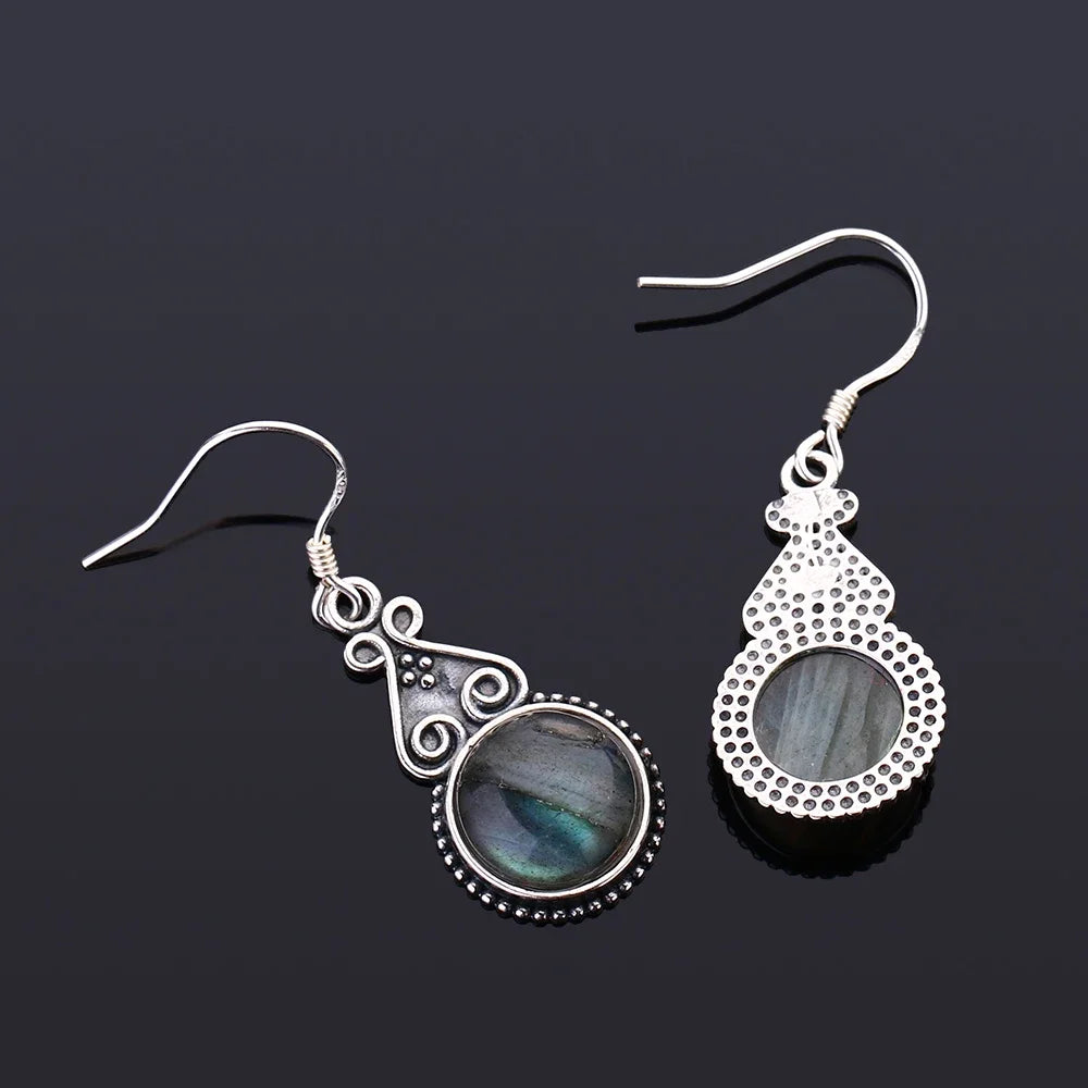 S925 Silver Drop Earring 10MM Labradorite Multicolor Pendant Earrings Engagement Wedding Women Fine Jewelry