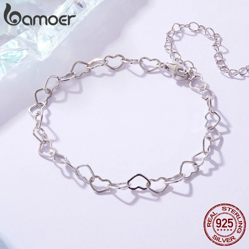 BAMOER 925 Sterling Silver Pretty Heart Link Bracelet