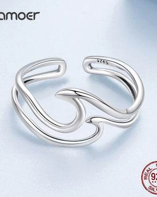 BAMOER 925 Sterling Silver Ocean Wave Curved Double-layer Ring, Minimalist Fine Jewellery