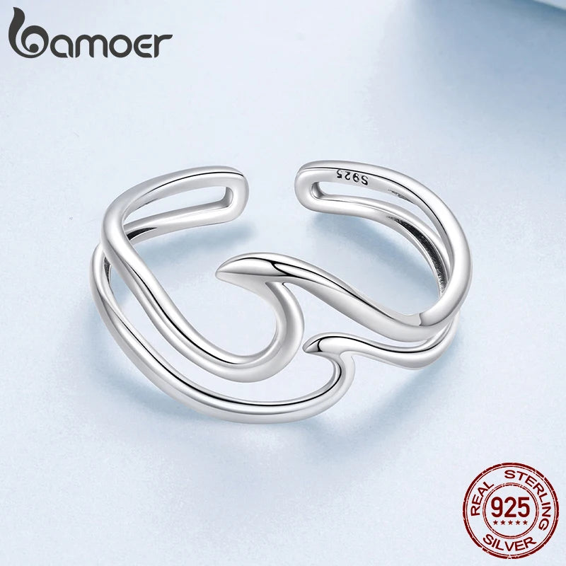 BAMOER 925 Sterling Silver Ocean Wave Curved Double-layer Ring, Minimalist Fine Jewellery