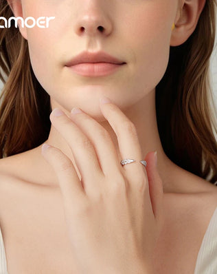 Bamoer 925 Sterling Silver Open Ring, Adjustable, Wheat Ear/Feather Shape With Pave Set CZs