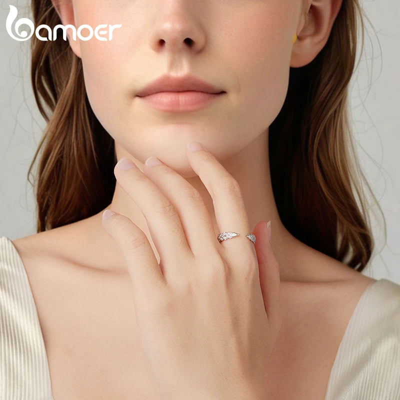 Bamoer 925 Sterling Silver Open Ring, Adjustable, Wheat Ear/Feather Shape With Pave Set CZs