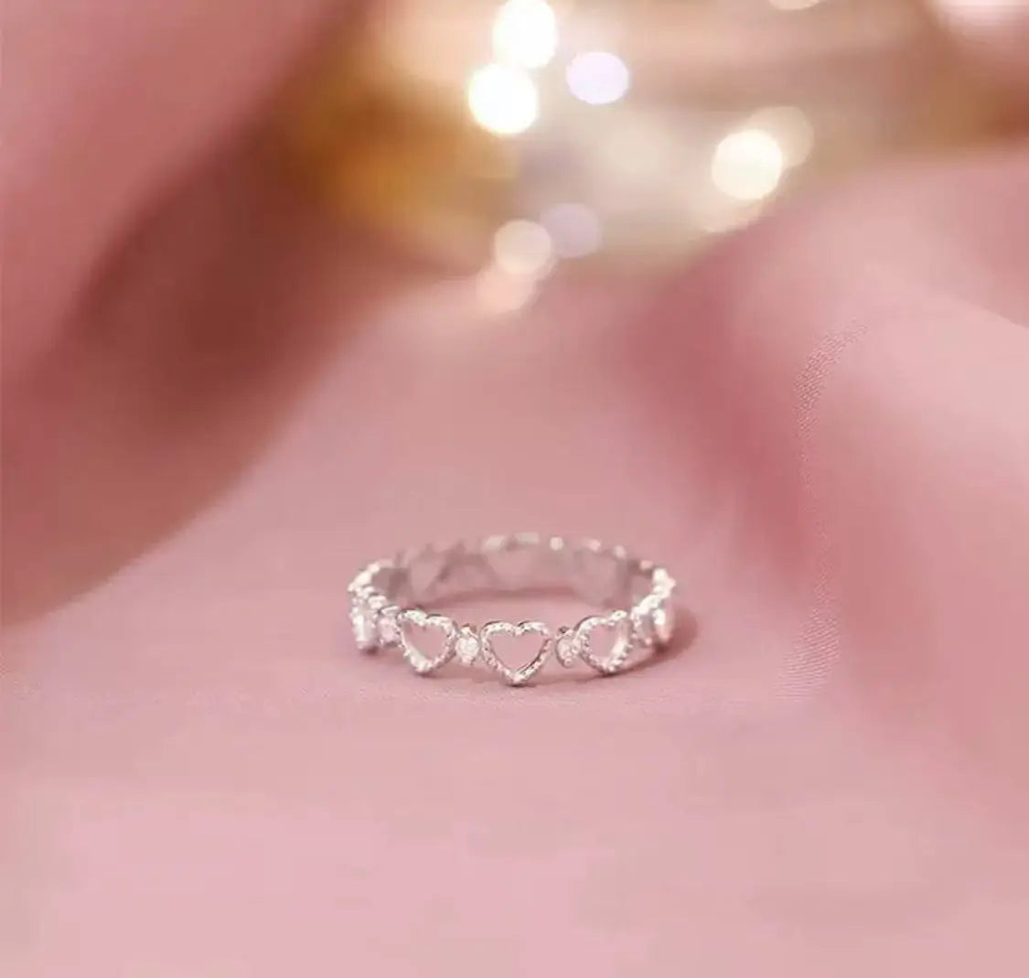 925 Sterling Silver Ring, Band with Sweet Cut-Out Hearts, Stackable and Adjustable