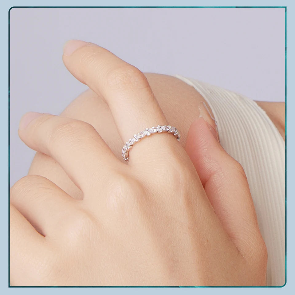 BAMOER Full Eternity Band, 925 Sterling Silver Stacking Ring With Oval Pave Cubic Zircon