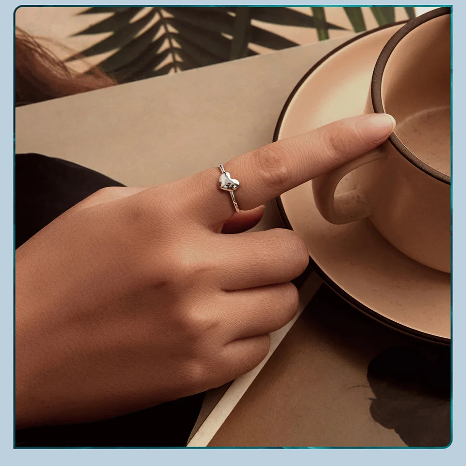 BAMOER Solid 925 Sterling Silver Heart Ring, Resizable, Minimalist, Stacking Ring