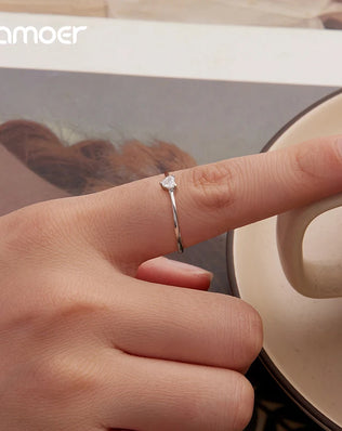 BAMOER Solid 925 Sterling Silver Mini Heart Ring, Gold Plated, With Pavé CZ, 2 Styles