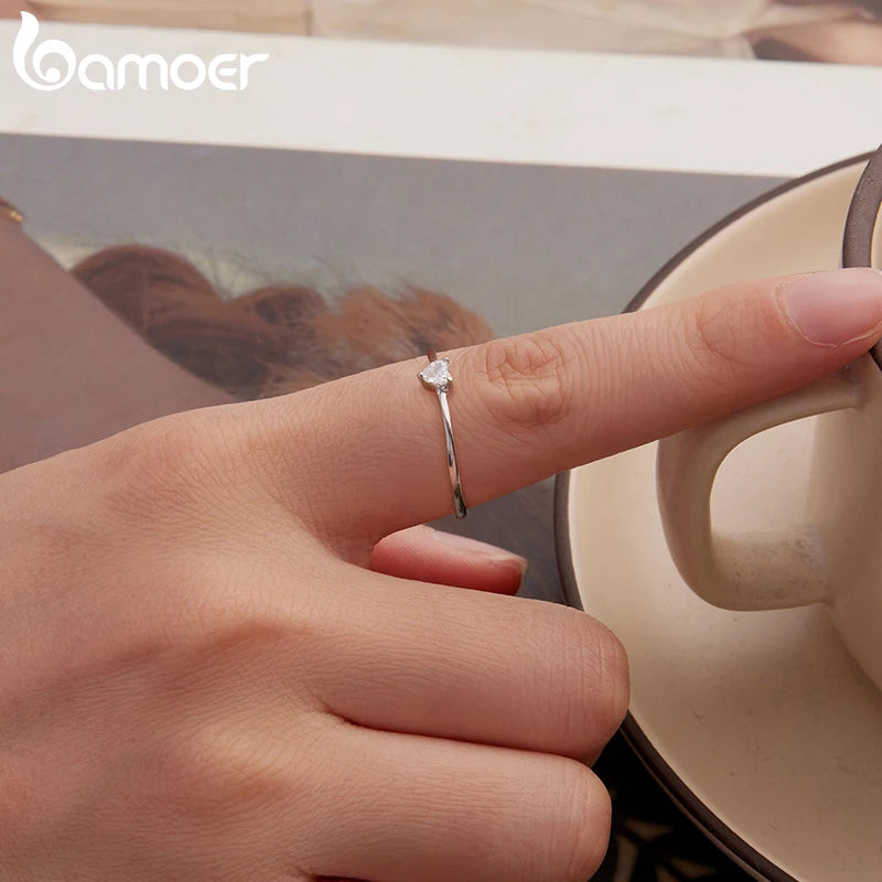 BAMOER Solid 925 Sterling Silver Mini Heart Ring, Gold Plated, With Pavé CZ, 2 Styles