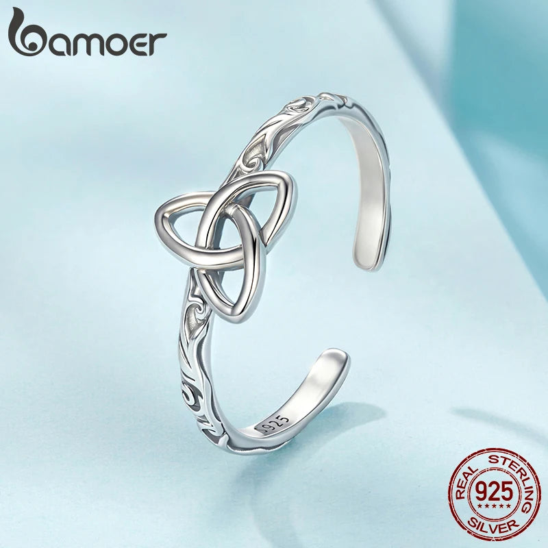 BAMOER 925 Sterling Silver Adjustable Ring, With Celtic Knot and Embossed Design on the Band