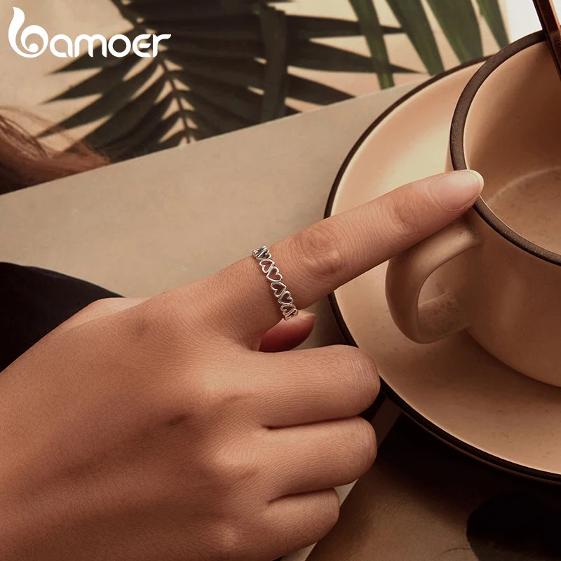 BAMOER 925 Sterling Silver Heart Ring, With or Without Gold Plating. Minimalist, Adjustable and Stackable