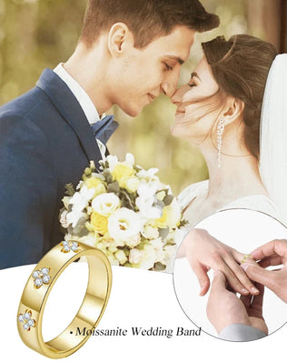 BAMOER Lucky Clover Band, S925 Gold Plated with Tiny Moissanites in Clusters of 4.  Unusual, Stylish Commitment Ring