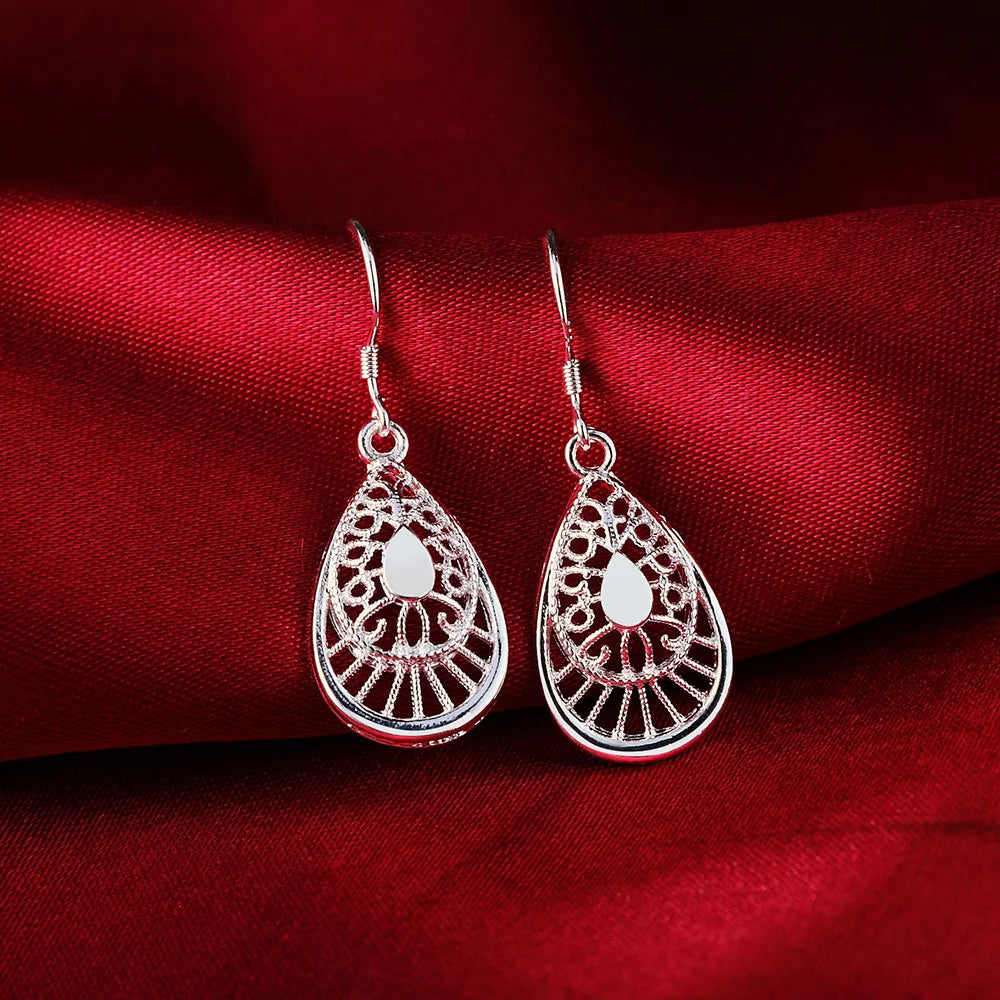 Hot Selling 925 Sterling Silver vintage earrings high quality Fashion Jewelry Christmas Gift Carved water drops